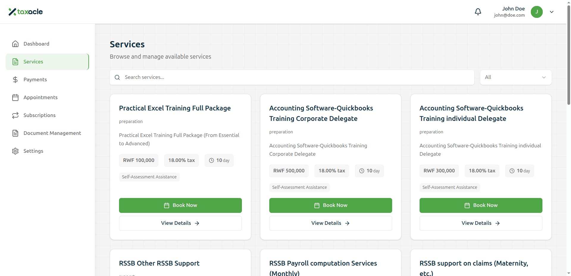 Taxacle app dashboard - Services page